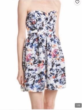Parker Lily Strapless Abstract Floral Dress in White, Navy and Orange